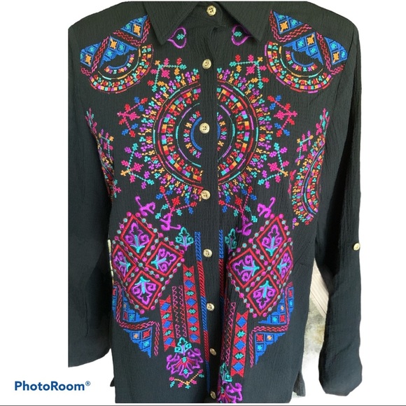 Calessa Black Multicolor Bohemian long sleeve embroidered button down shirt S - Picture 6 of 16